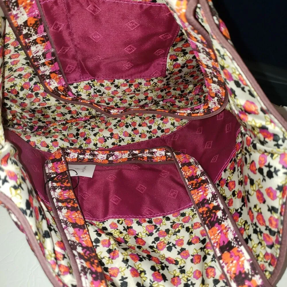 VERA BRADLEY Houndstooth Tweed Tote Pink Orange Quilted Cotton Handbag NEW